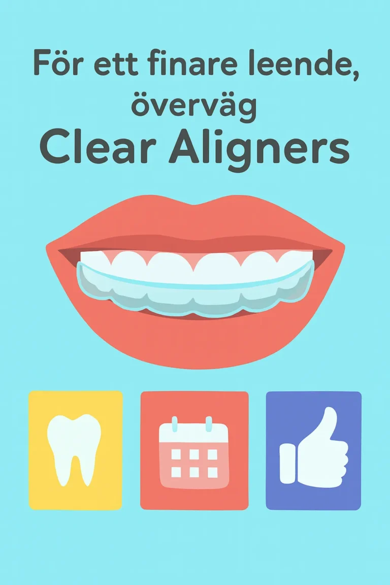 Illustrerad mun med genomskinlig clear aligner på tänderna och tre ikoner för tandhälsa, schema och godkännande mot ljusblå bakgrund