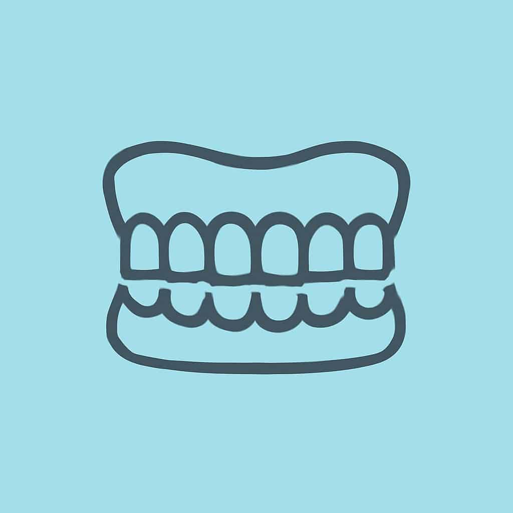 Illustration av tandprotes i blå bakgrund, symboliserande estetisk tandvård.