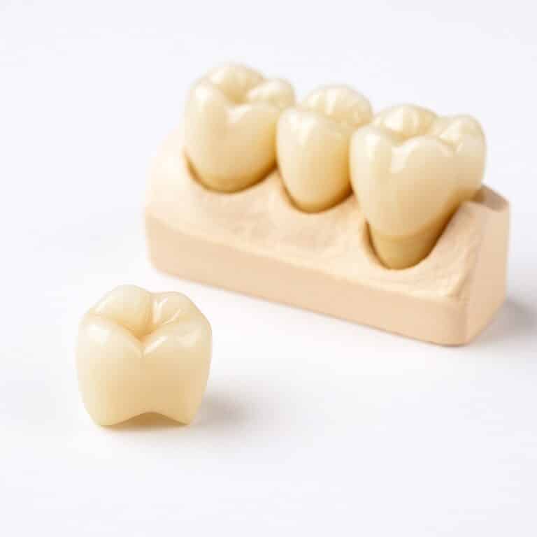 Porslinskrona och 3-leds tandbro på tandmodell, klinisk illustration.