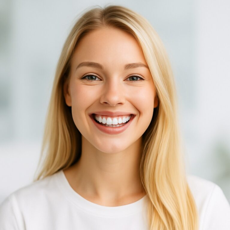 Blond kvinna ler och visar vita fina tänder, porträtt i ljus bakgrund.