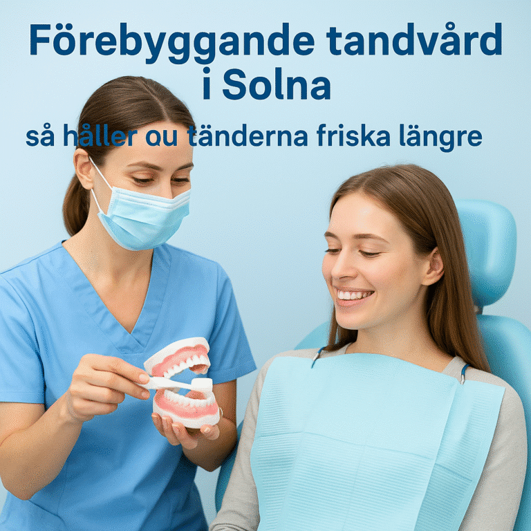 Förebyggande tandvård i Solna – tandläkare som rengör patientens tänder i en modern klinik med ljusblå bakgrundston.
